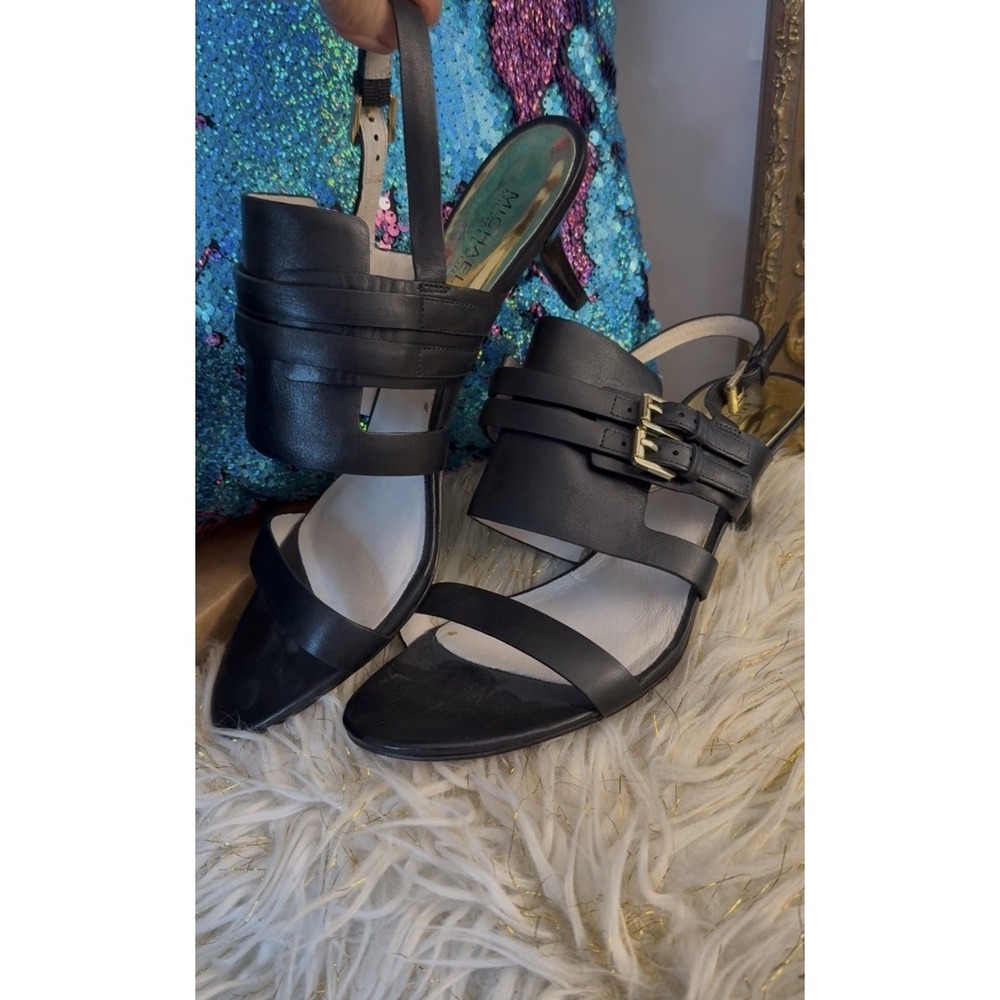 Michael Kors Sandals Sz 11 Melanie Gold Buckle Slingback Stiletto Leather Black - Picture 4 of 16